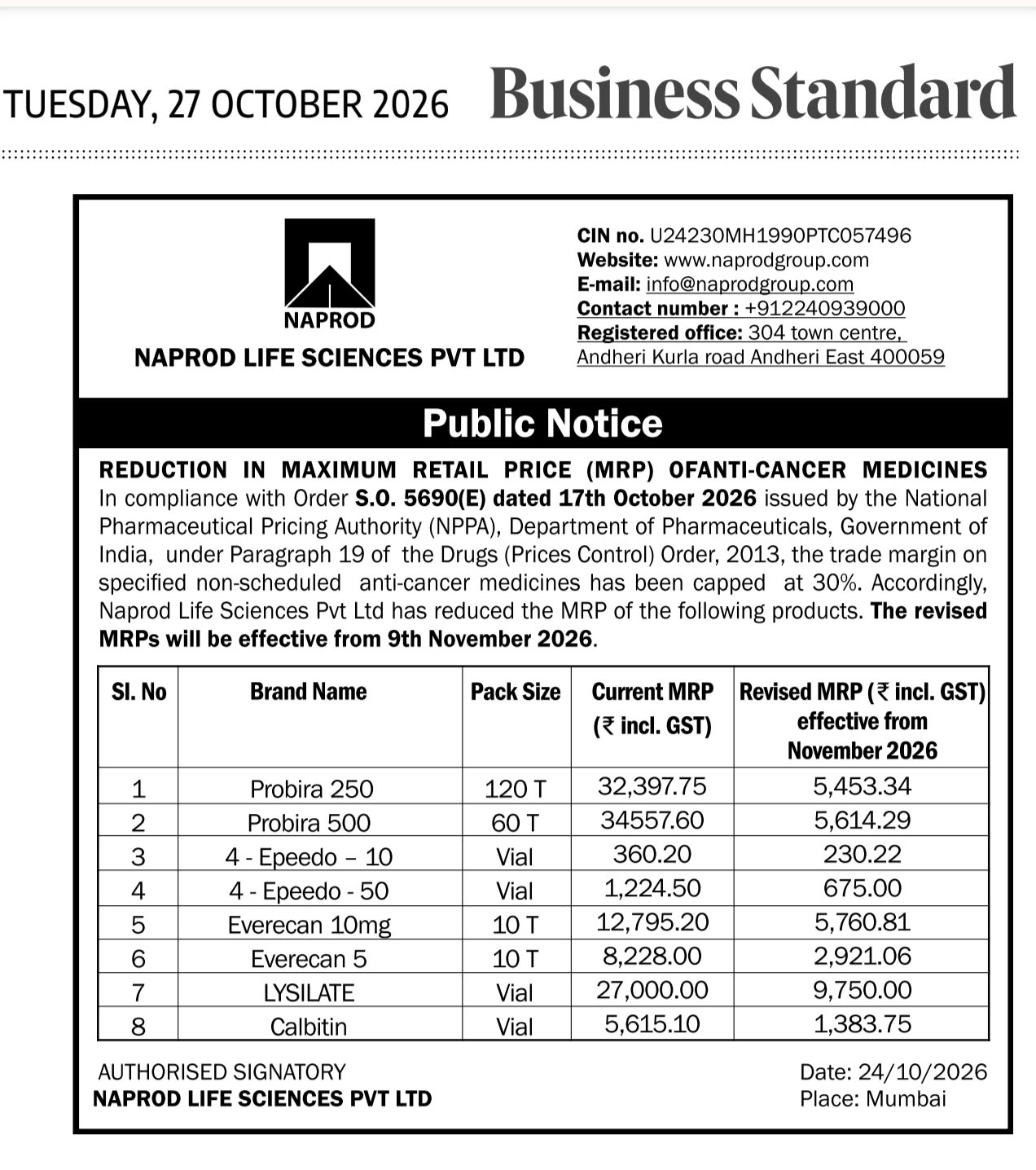 Public notice issued by Naprod Life Sciences Pvt Ltd reducing the maximum retail price of eight anti-cancer medicines, as published in Business Standard on Tuesday, 27 October 2026. The revised prices are listed in the table above.